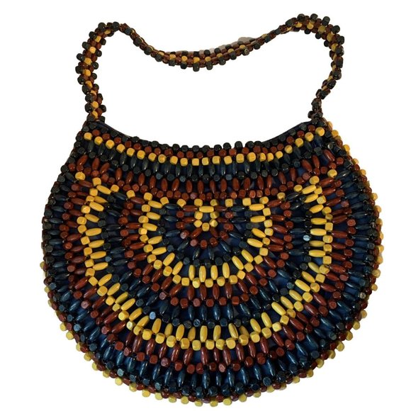 Cato Multicolor Wooden Beads Bohemian Style Shoulder Handbag W/Wooden Bead Strap - Picture 1 of 5